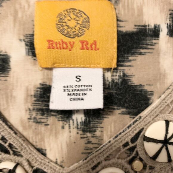 Ruby Rd Blouse Small Women Beige Black Artsy Embellished V-Neck BohoChic Summer - Picture 5 of 14